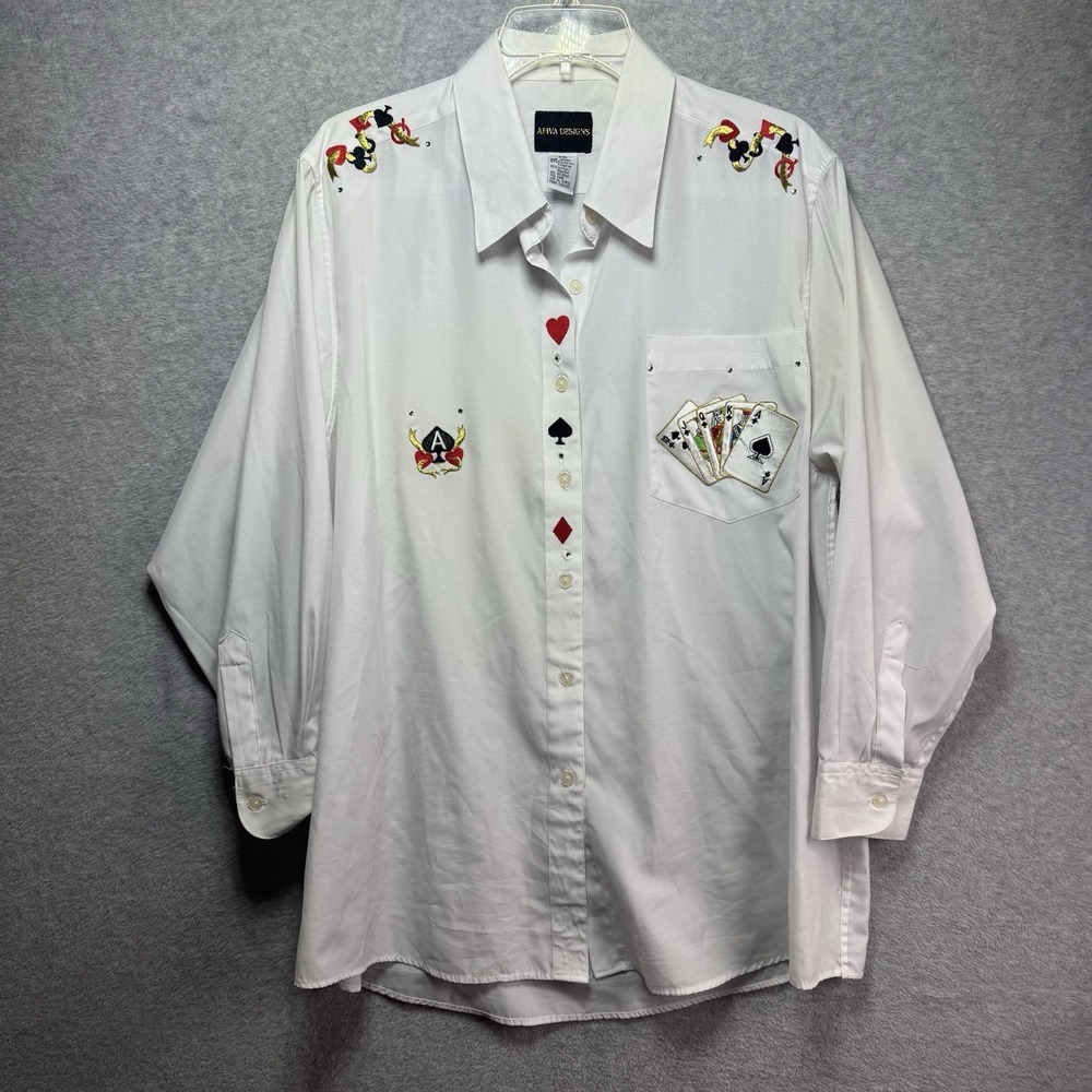 VTG Vegas Poker Slots Embroidered Button Up Dress Shirt Plus Woman's 2XL White